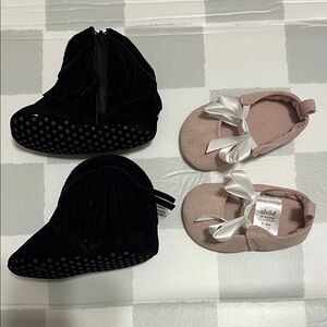 Black Fringe Baby Booties and Pink Bow Baby Shoes
